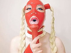 Sissy latexdoll training with horse dick 