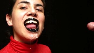 CFNM - Red Turtleneck, Black Lips - Handjob + Cum Mouthful + Cum On Clothes