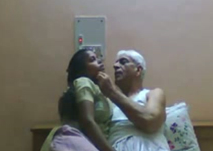 Slutty Indian maid gives head to age-old granddaddy with grey hair