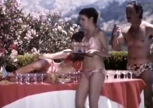 A bunch of classic retro summer girls by the pool enjoying orgy