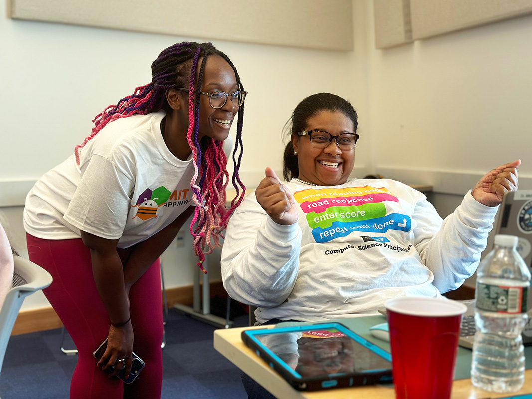 Dr. Sonia Mitchell with MIT undergraduate researcher Gisella Kokoti during an App Inventor professional development event January 13, 2024.