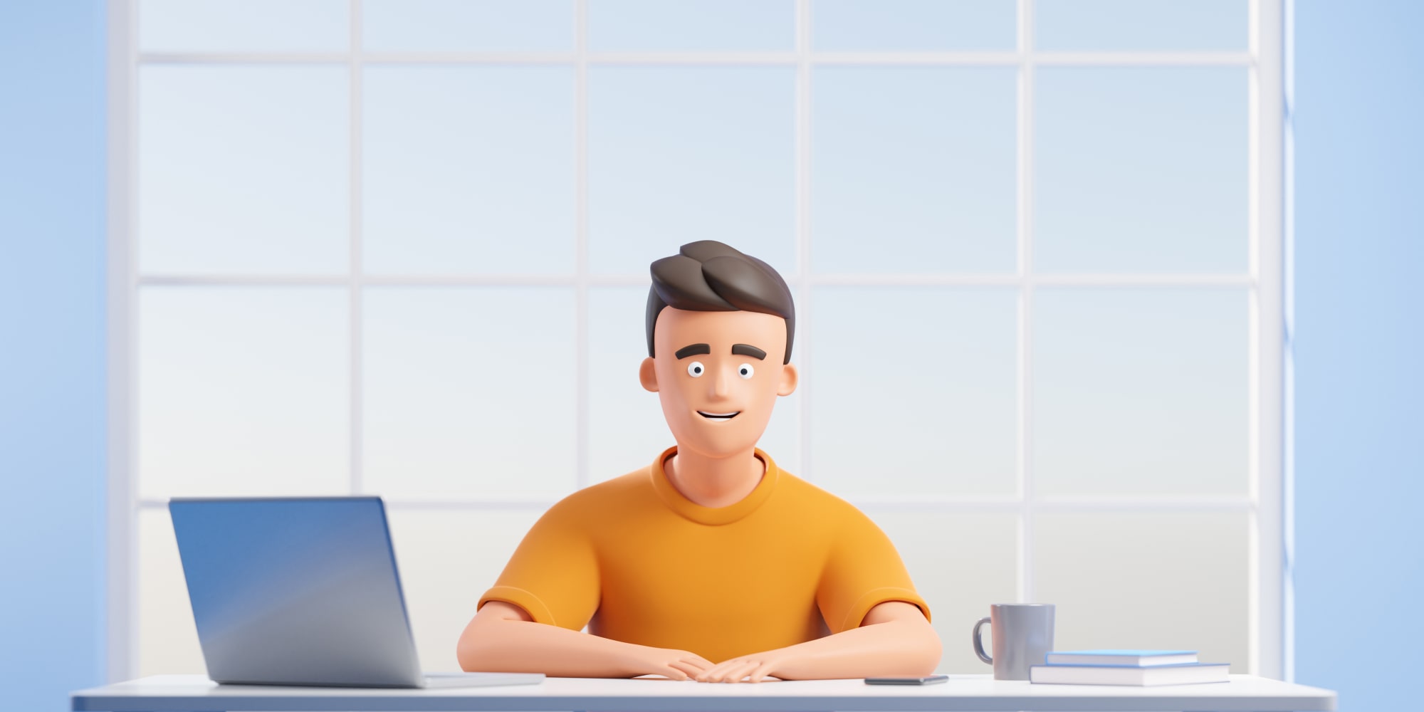 Man sitting on a pile of books on a laptop