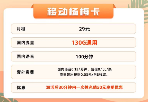 29元130G移动纯通用流量杨梅卡|49元180G浩星卡|流量+100分钟免费通话更省心