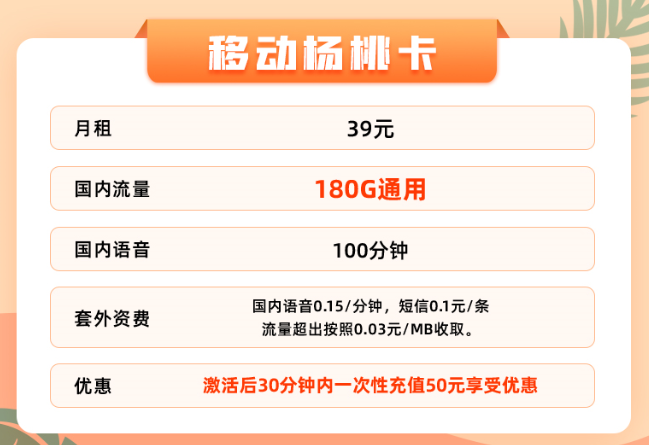 超值福利嗨翻天！超低月租大流量|移动杨桃卡+19元移动本地卡