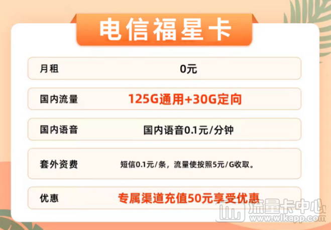 新推好卡！优惠多多"电信福星卡"充值50元半年0元享！0元领取！