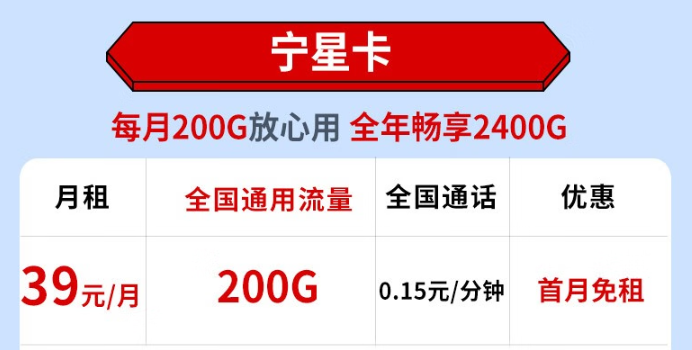 电信宁星卡怎么样？200G通用流量不限速+首免+免费领取！