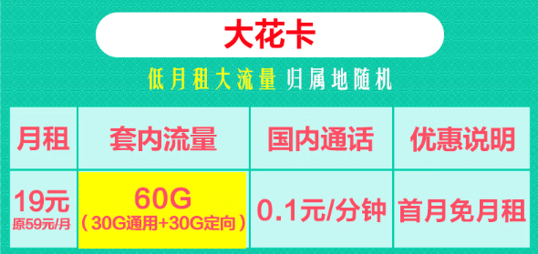 19元联通大花卡60G流量+29元联通黄金卡204G通用+100分钟！