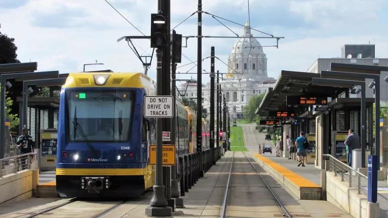 A light rail train station in downtown St. Paul, Minnesota