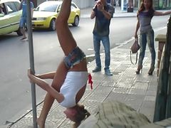 Hot Russian girls dancing on a street sign