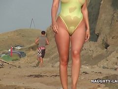 Sheer swimsuit and nude on the beach