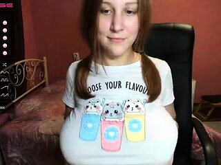 Fantastic stranded redhead teen flashing her big boobs