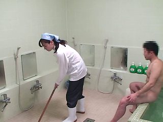 Japanese cleaning lady receives a pretty good doggy style pounding