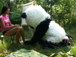 Mr. Panda is outside in the middle of nature and the thin brunette chick that's with him wants to prove him what an artist she is. Well, she may not be good at painting but she surely knows how to make him happy by sucking his big panda cock. Stay with them and enjoy the wilderness of the forest and much more