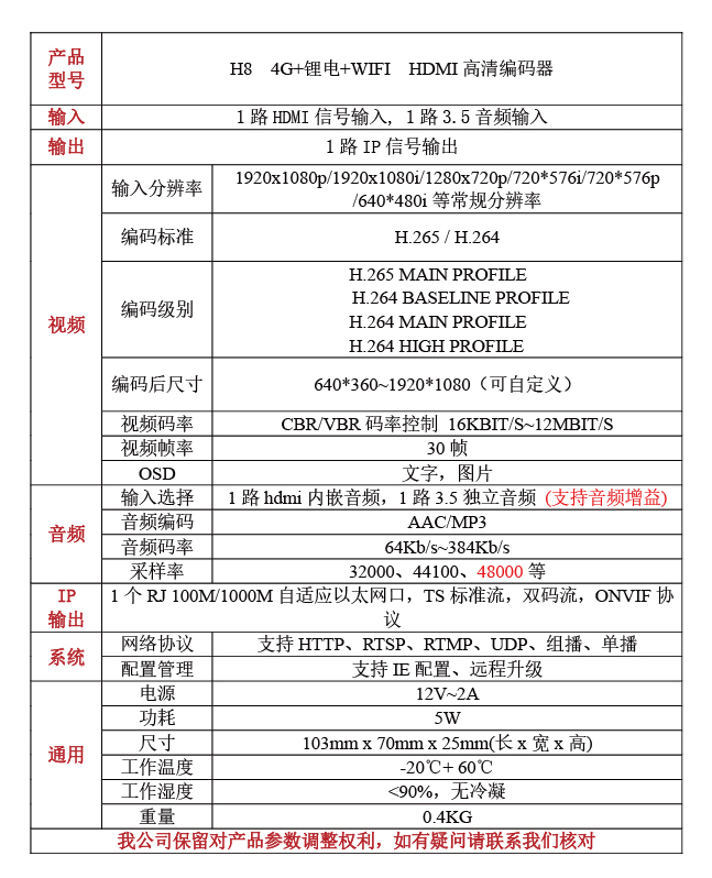 H8是一款3G/4G/WIFI帶鋰電高清HDMI音視頻編碼器