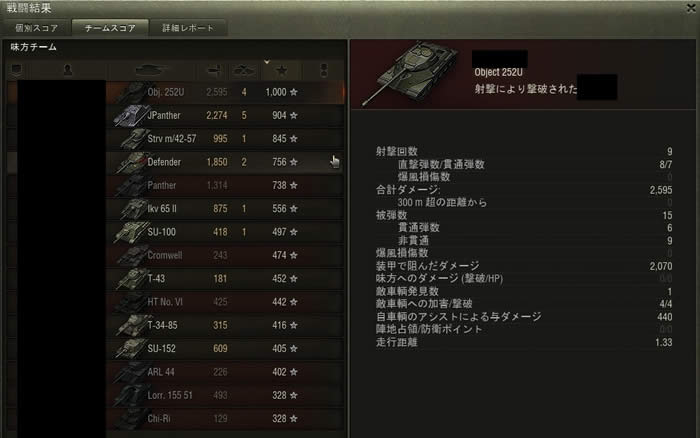 WoT Object 252U 戦績 自走には勝てなかったよ