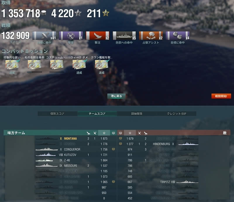 WoWS 戦績 負け戦で経験値1679の奴