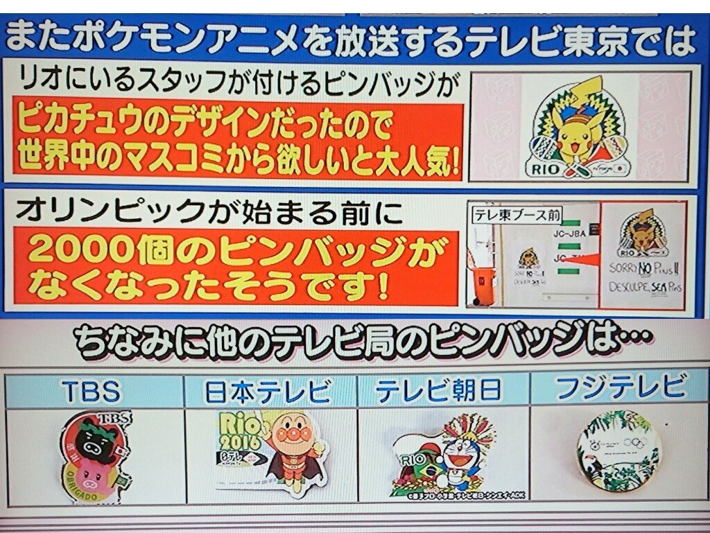 テレ東のリオ五輪ピンバッチ、ピカチュウだったため世界中のマスコミが欲しがる