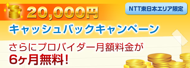 NTT東日本エリア限定 20,000円キャッシュバックキャンペーン さらにプロバイダー月額料金が6ヶ月無料！