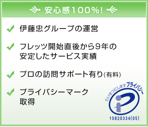 安心感100％！ 伊藤忠グループの運営 フレッツ開始直後から9年の安定したサービス実績 プロの訪問サポート有り(有料) プライバシーマーク取得