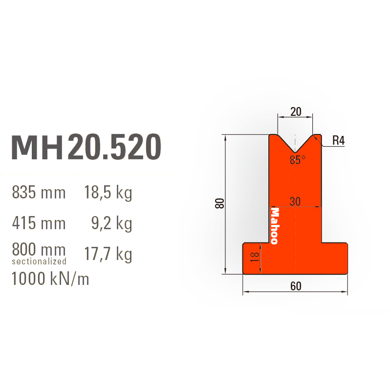 百超折彎機模具-T型折彎下模-V20-85°（86°/88°）-H80