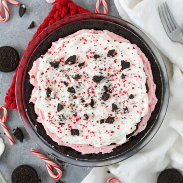 Peppermint Pie on a table with candy canes.