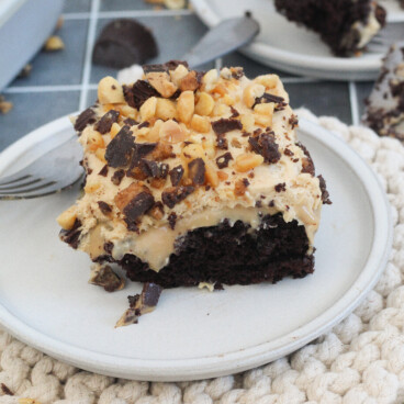 A slice of chocolate cake on a plate with a fork.