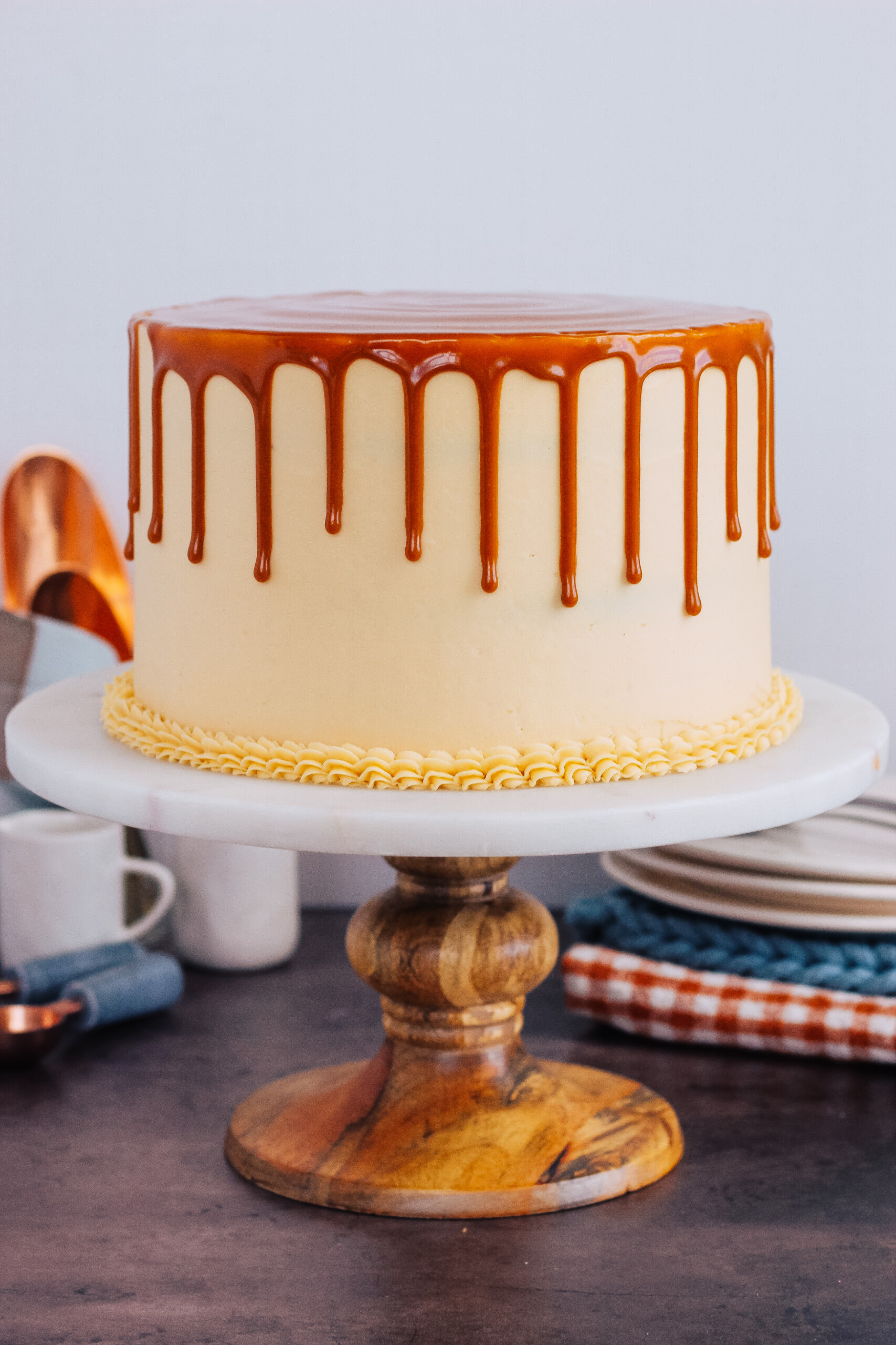 Cake on a cake stand.