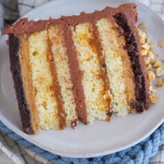 A slice of a layered cake made of brownies, cake, peanut butter filling, caramel and chocolate buttercream.