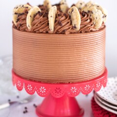 Red velvet cake layers with chocolate chip cookie and chocolate cream cheese frosting.