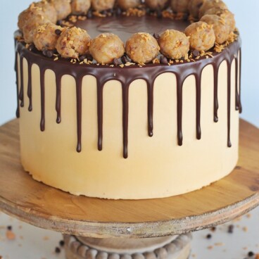 Seven Layer Bar Cake: inspired by a 7 layer bar, this Seven Layer Bar Cake is made up of graham cracker crust, coconut chocolate chip cake layers, a buttery, gooey coconut and pecan filling and a butterscotch buttercream. #sevenlayerbar #7layerbar #magicbars #sevenlayerbarcake #7layerbarcake #cake #layeredcake #birthdaycake