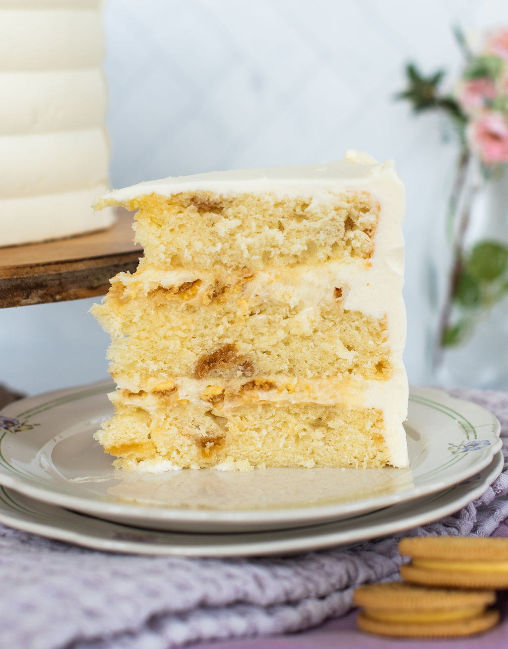 Slice of cake on a plate.