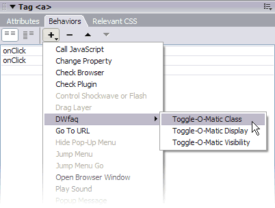 Toggle-O-Matic behaviors in the Behaviors panel