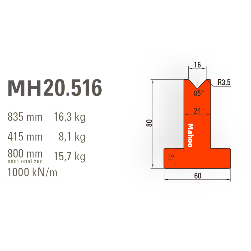 百超折彎機模具-T型折彎下模-V16-85°（86°/88°）-H80