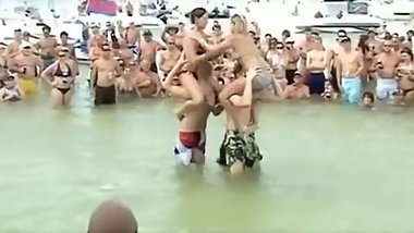 Girls Beach Fight/Play in Holiday Competition. Boob Flash