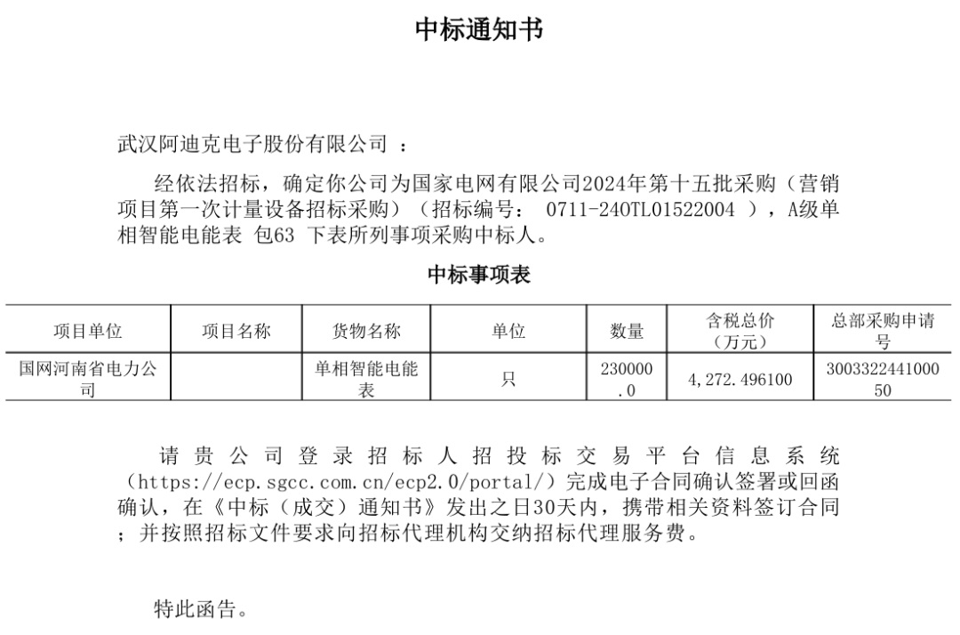 祝贺公司在国家电网2024年第十五批计量设备招标项目中中标