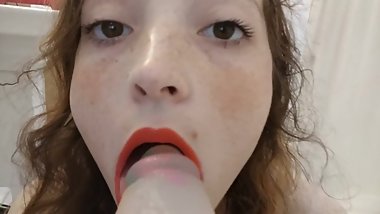 Skinny slut gives dildo sloppy blowjob closeup POV