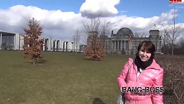 Brunette German in Pink Puffy Jacket Blowjob