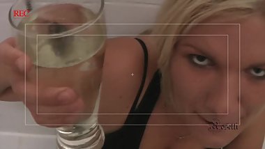 Blonde Teen drinks 1 Glass of fresh Piss