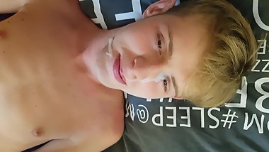 Teen twink deepthroat blowjob and cumshot on his college face. Homemade