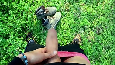 Uncut cock piss with erection and cumshot on used boots POV Outdoor