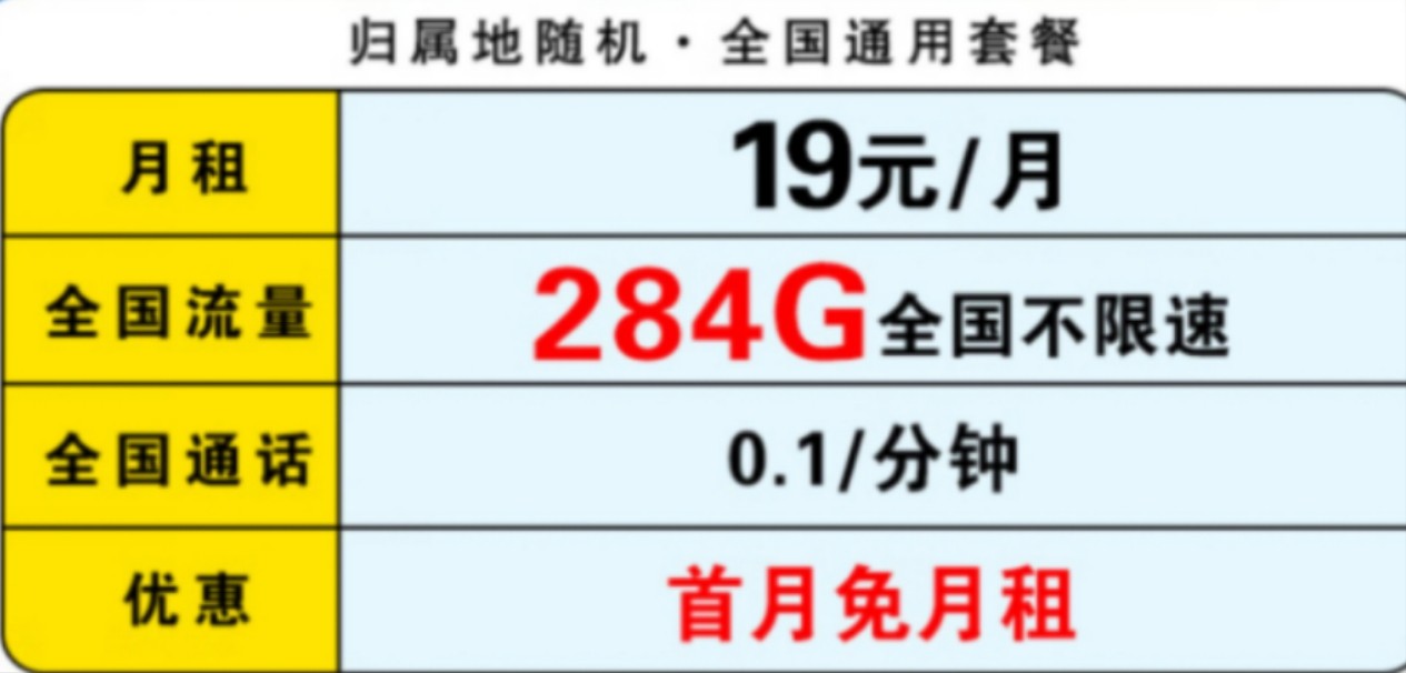 联通流量卡 19元包284G全国流量+首月免费