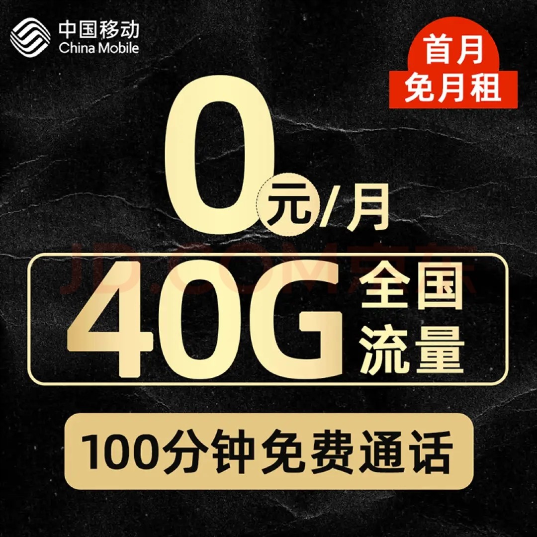 移动纯流量卡 0月租40G全国流量+100分钟免费通话