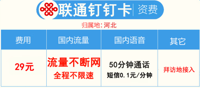 河北联通钉钉卡29元包流量畅享+50分钟（不限量不限速）