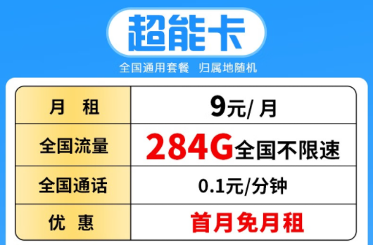 湖北联通超能卡 月租仅需9元包284G全国流量不限速+首月免费 可开热点