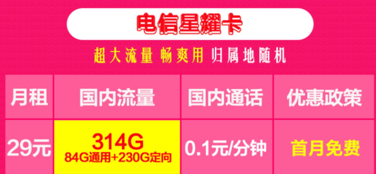 电信超大流量卡 哈尔滨可用314G+首月免费用超值套餐无合约