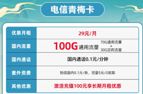 宁夏电信青梅卡29元享70G通用+30G定向APP流量 长期套餐