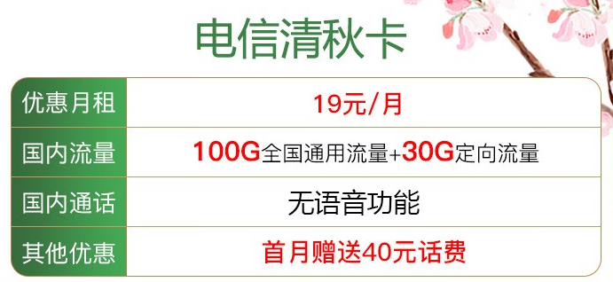 5G清秋卡19元130G国内流量 纯流量卡 赠送40元话费 当月有效