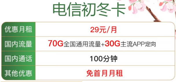 宜宾电信初冬卡 月租低至29元包70G全国通用流量+30G主流APP定向+100分钟通话 免首月月租