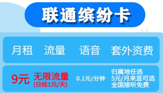 月租不超10元【联通缤纷、落樱卡】月租9元享无限流量（日结1元/天）归属地任选