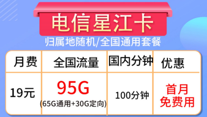 全国通用流量卡套餐推荐 19元95G全国流量+100分钟通话+首月免费用手机上网卡